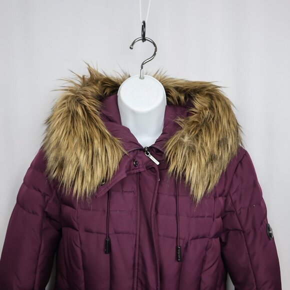 Calvin Klein Faux Fur Hooded Puffer Jacket - Plum - Size Medium - Picture 4 of 16